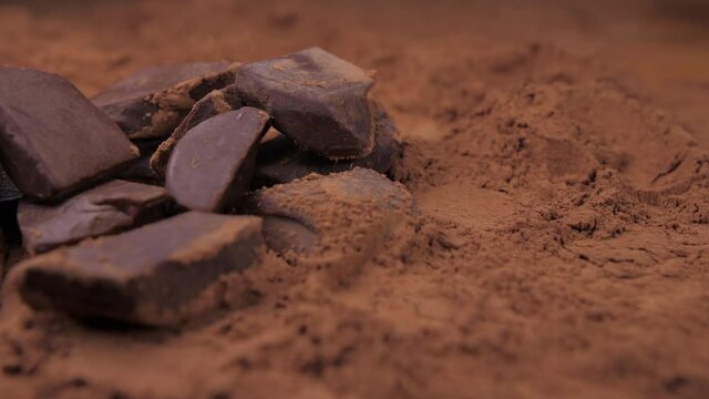 raw chocolate falling into cacoa powder 4k