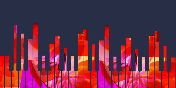 Music promotional poster with multicolored piano keyboard vector illustration. Colorful music background with piano keys for live concert events, music festivals and shows, party flyer