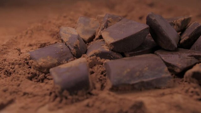 raw chocolate falling into cacoa powder 4k