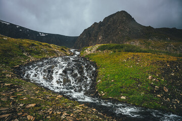 Atmospheric alpine landscape with beautiful mountain creek in green valley and great brown sharp pinnacle in overcast weather. Awesome highland view to mountain stream and sharp top under cloudy sky.