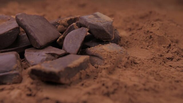 raw chocolate falling into cacoa powder 4k