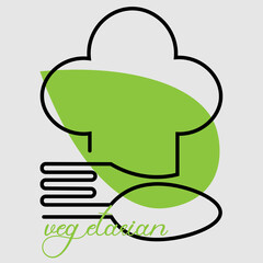logo of vegetarian restaurant with fork spoon chef s cap and green leaf