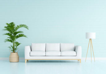 Sofa in blue living room with free space for mockup, 3D rendering