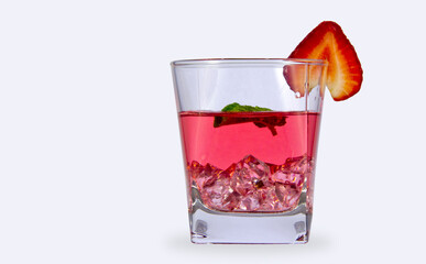A refreshing drink of strawberry juice with a mint leaf. Were added to the drink ice.