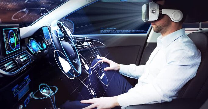 Animation of digital icons over businessman wearing vr headset in self driving car