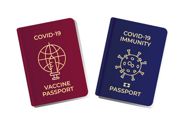 Vaccine passport. Covid-19 immunity document. Vaccination certificate. Unlock the world for travelling and business during coronavirus pandemic. New normal. Vector illustration isolated on white.