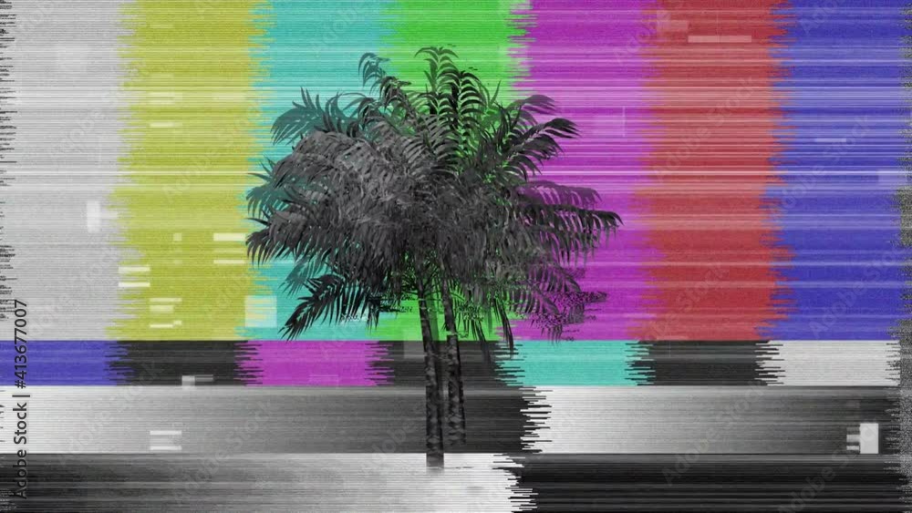Aufkleber animation of moving palm tree over retro colour test screen with glitch