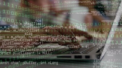 Digital composition of binary coding data processing against group of students using laptop - Powered by Adobe