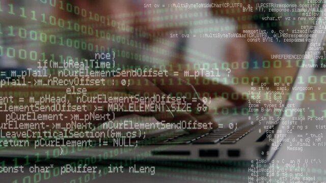 Digital composition of binary coding data processing against group of students using laptop