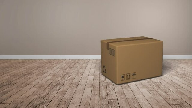 Animation of cardboard box falling on wooden floor
