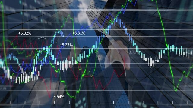 Digital composition of financial data processing over business people shaking hands against tall bui