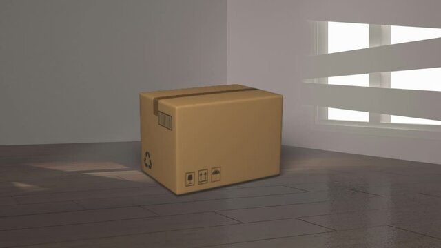 Animation of cardboard box falling on wooden floor