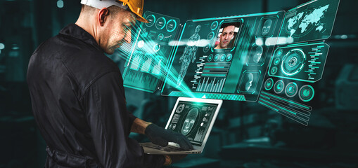 Facial recognition technology for industry worker to access machine control . Future concept interface showing digital biometric security system that analyze human face to verify personal data .