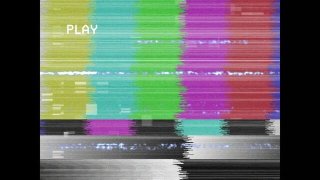 Animation of play text over retro colour test screen with glitch