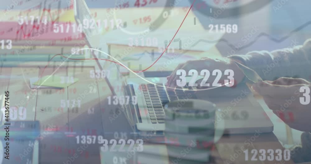 Poster animation of numbers changing and financial data processing over man paying online using laptop