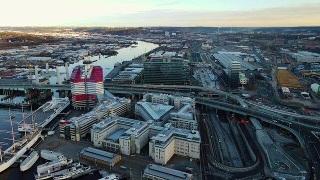 Gotaalvbron, Hisingsbron With Lilla Bommen Building Near Goteborg Centralstation In Gothenburg, Sweden.- aerial
