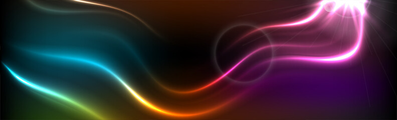 Colorful neon glowing waves abstract banner. Futuristic luminous vector background