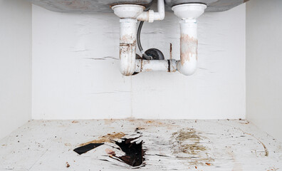 Home problems, Damaged water leak out from piping under sink in the kitchen - 413680677
