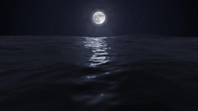 Beautiful clear Moon reflecting in the Ocean or Sea Night Sky with Stars LOOP 4k