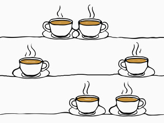 simple childish hand drawn continuous line art cups of coffee celebrating occasional day, season greeting seamless background, wallpaper, pattern, banner, label, texture, vector design.