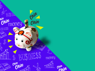 Piggy bank with 20 dollar bill with purple and aquamarine background and money doodle