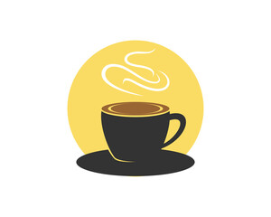 Hot coffee cup with yellow circle behind