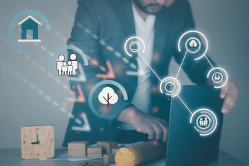 Businessman planning project with connection technology interface connection, think about of family, environment and community