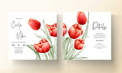 Modern wedding invitation card with red tulip flower