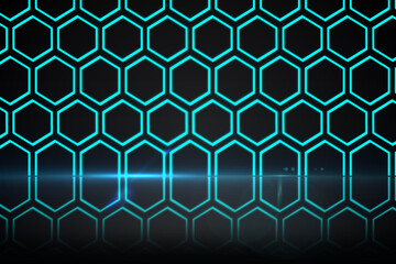 Abstract illustration of green neon geometrical hexagonal shapes against black background