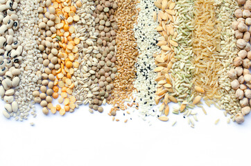 Collection of dry organic cereal and grain seed stripe consisted of black eye pea, pearl barley,...