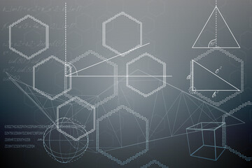 Abstract illustration of multiple white geometrical shapes against grey background