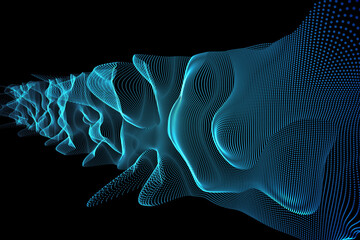 Abstract illustration of glowing blue digital mesh wave against black background