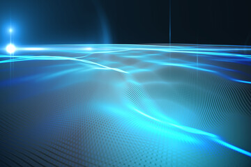 Abstract illustration of glowing blue digital wave and spot of light against black background