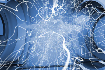 Abstract illustration of white wavy lines between two circular scopes against clouds in blue sky