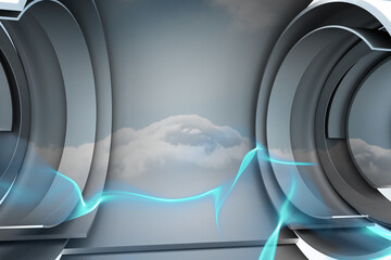 Abstract illustration of green glowing digital wave between two circular scopes against clouds in bl