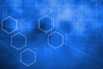 Abstract illustration of multiple geometrical shapes over grid lines against blue background