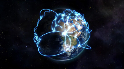 Abstract illustration of network of connections light trails over globe against black background