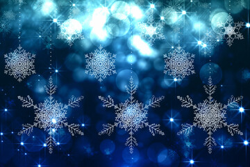 Abstract illustration of christmas snowflake decorations over spots of light against blue background