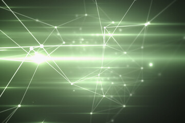 Abstract illustration of green glowing network of connections and bright spot of light against black