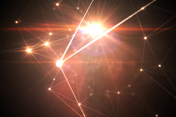 Abstract illustration of red glowing network of connections and bright spot of light against black b