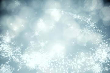 Abstract illustration of christmas snowflakes and spots of bokeh lights against blue background