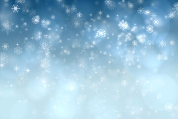 Abstract illustration of christmas snowflakes and spots of bokeh light against blue background