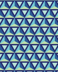 Abstract illustration of blue geometrical triangular shapes in seamless pattern against green backgr