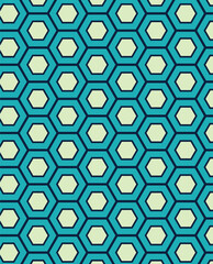 Abstract illustration of green geometrical hexagonal shapes in seamless pattern against yellow backg