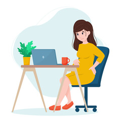 Pregnant woman works at laptop. Back pain in pregnant woman.