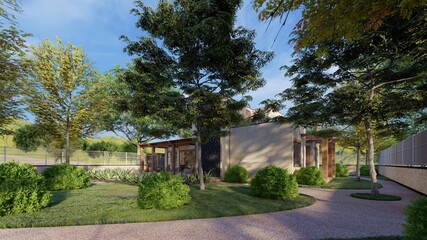 Fototapeta na wymiar 3d rendering of modern house surrounded by large trees in the garden