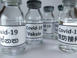 The word Covid 19 vaccine written in different languages ( Chinese, Arabic, Malay, Sinhala) on vaccine bottles 