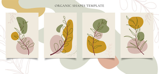 Set of brochure or poster template contemporary botanical wall art Abstract leaves foliage organic shapes on white background.