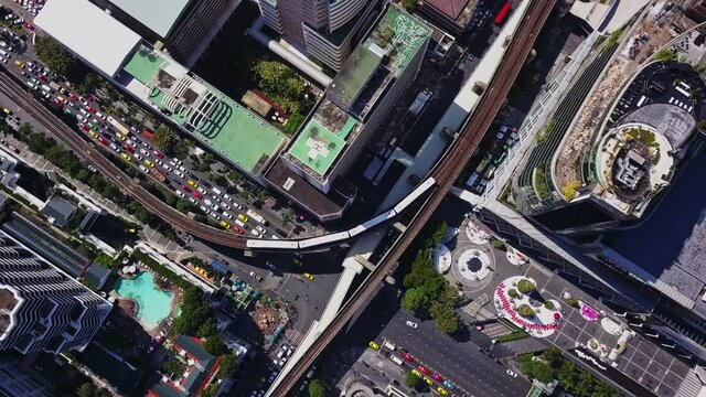 Bangkok Drone City Train BTS from Above Thailand Skytrain, Traffic Cars Motorcycles Motorbikes 4K