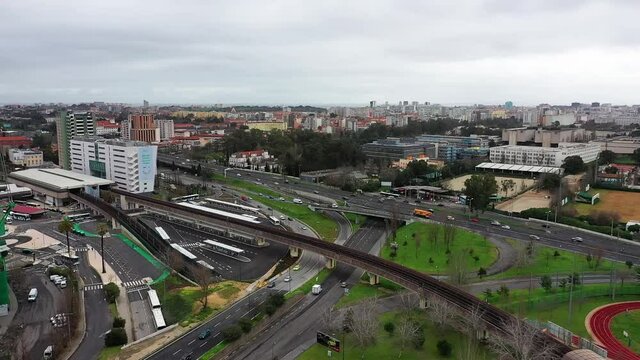 Bus Terminal And Subway Station In Front Of Jose Alvalade Stadium, Estadio Jose Alvalade In Lisbon, Portugal. - aerial